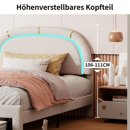 Comanlai 140 x 200 cm Polsterbett, mit Lattenrost aus Holz, mit LED und 2 Schubladen, ohne Matratze, Jugendbett, Samt, Beige