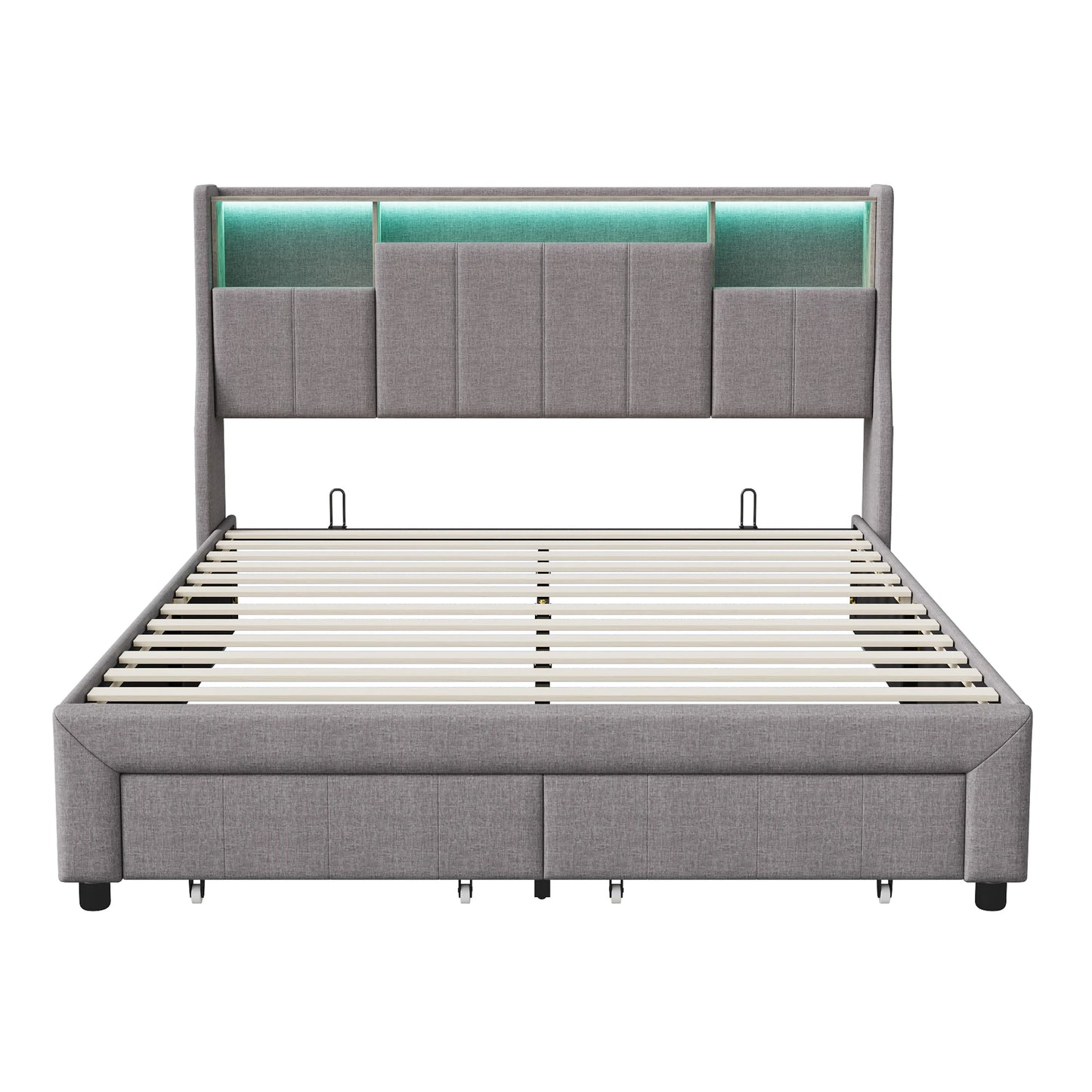 Rosahqnda LED-Polsterbett für Doppelbett mit 2 Schubladen, Kopfteil mit Stauraum und USB, Jugendbett mit Stauraum, Leinen