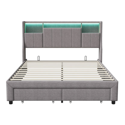 Rosahqnda LED-Polsterbett für Doppelbett mit 2 Schubladen, Kopfteil mit Stauraum und USB, Jugendbett mit Stauraum, Leinen