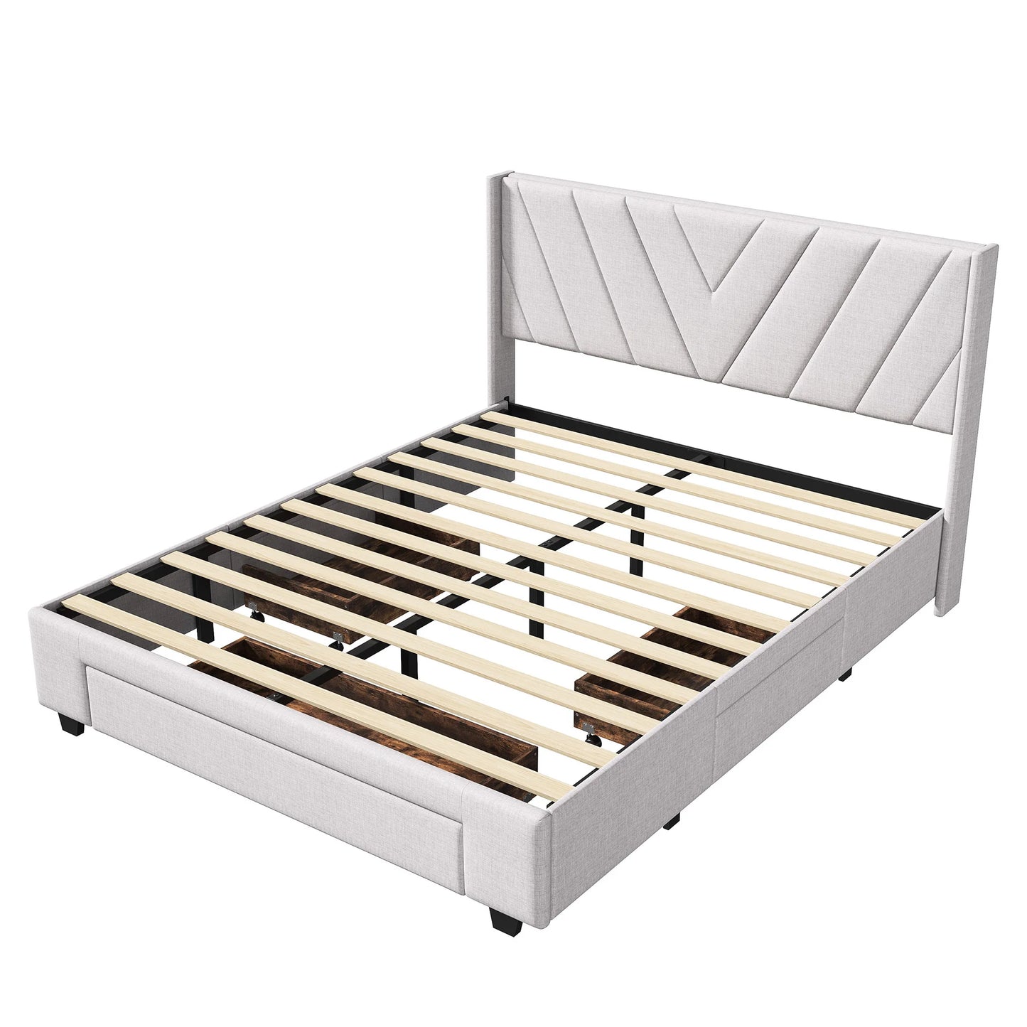 UrbanLuxe Doppelbett 160x200 cm mit 3 Schubladen, Bett mit Stauraum, Lattenrost, Bettgestell, Leinen, Beige, ohne Matratze