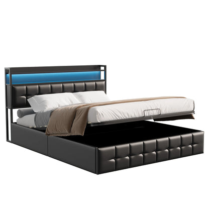 Rosahqnda Multifunctional Double Bed,Rechargeable,LED and Hydraulic Storage,Teen Bed,140/160 x 200 cm,Linen/PU,Grey,Black.