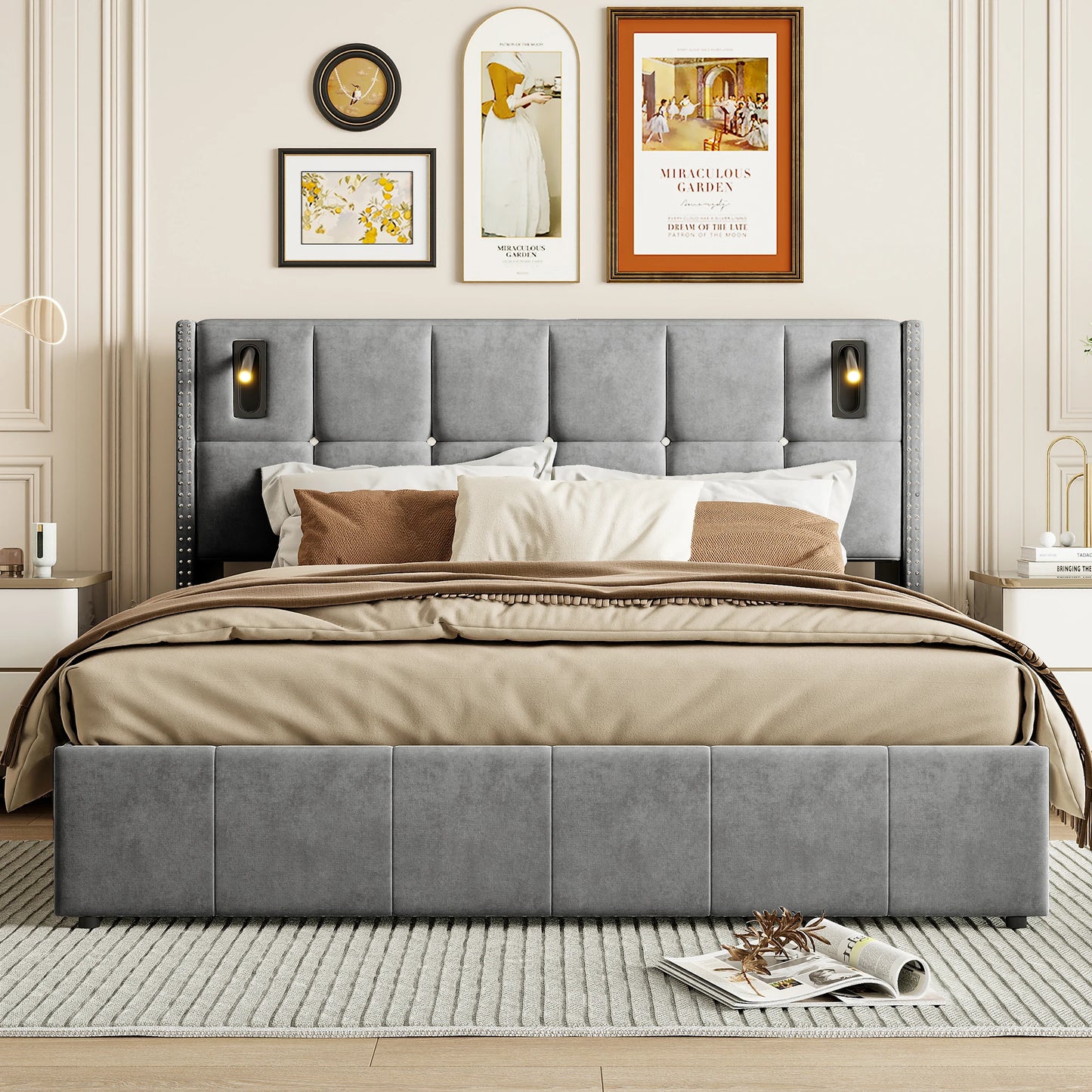 ROSAHQNDA Modernes Polsterbett, hydraulisches Doppelbett mit Leseleuchten, 140/160x200cm, Samtbett mit Stauraum, ohne Matratze