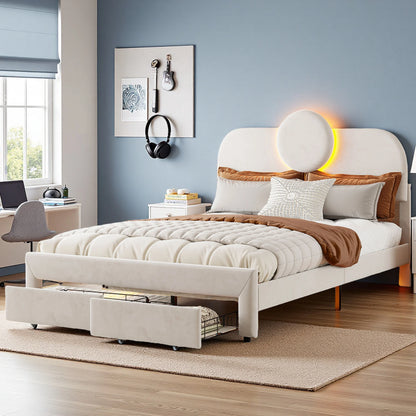 WoodenAura Gepolstertes Doppelbett, 140 x 200 cm mit LED, gepolstertes Bettgestell mit verstellbarem Kopfteil und Lattenrost