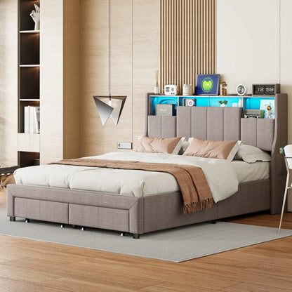 Rosahqnda gepolstertes Doppelbett 140x200cm mit LED-Beleuchtung,Doppelbett mit 2 Schubladen,hydraulischem Stauraum,ohne Matratze