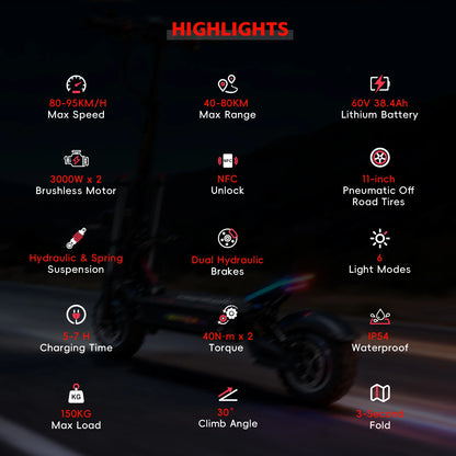 HALO KNIGHT T107Pro 6000W Adult Electric Scooters 95km/h Professional Powerful E Scooter 60V 38.4Ah Dual Motor Fast E-scooter.