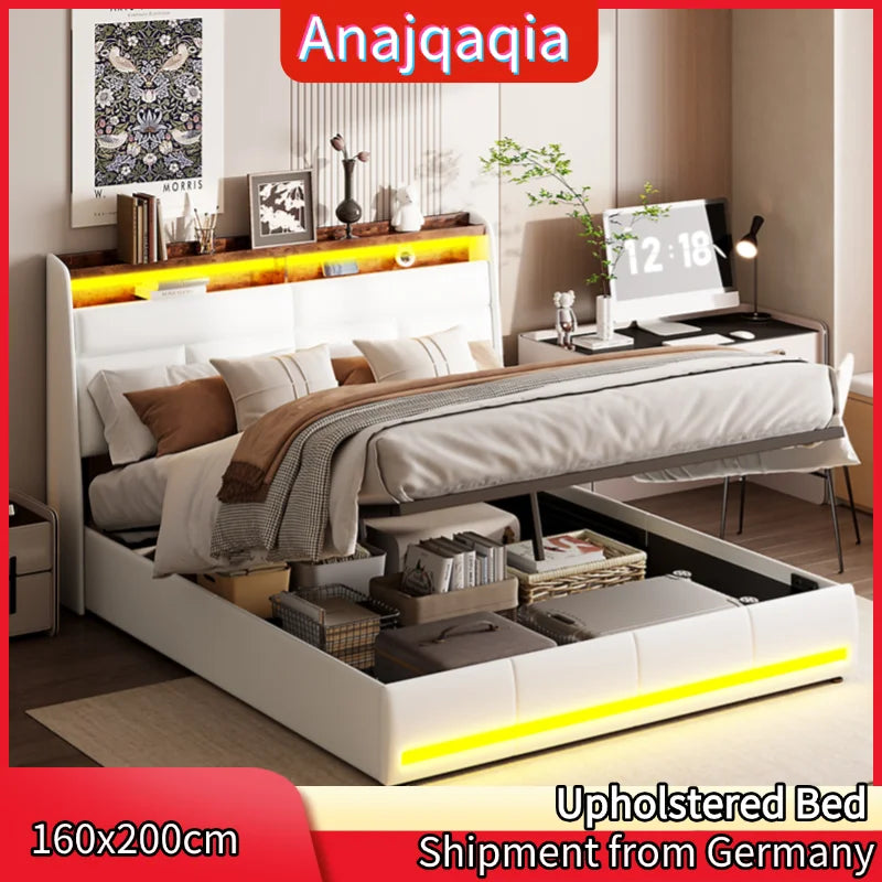 Anajqaqia 160 x 200 cm Polsterbett mit Lattenrost, hydraulisches Bett mit LED-Licht-Kopfteil und Stauraum, PU, Weiß