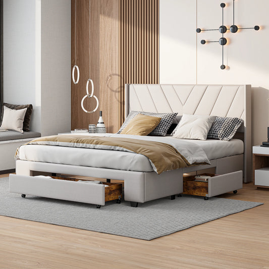 UrbanLuxe Doppelbett 160x200 cm mit 3 Schubladen, Bett mit Stauraum, Lattenrost, Bettgestell, Leinen, Beige, ohne Matratze