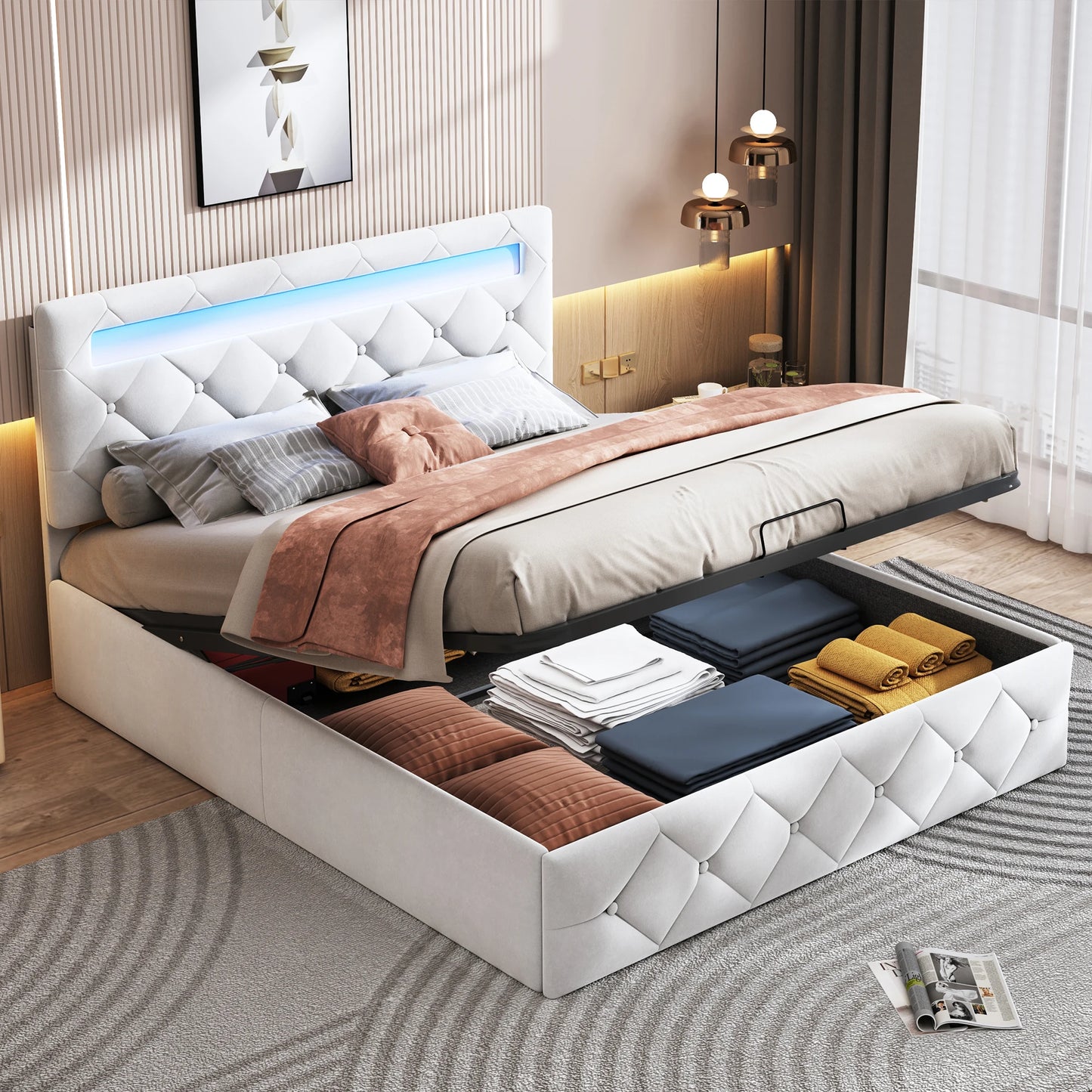 Rosahqnda Modernes weißes Polsterbett,hydraulisches Bett mit großem Stauraum, elegantes Doppelbett,Samtstoff, ohne Matratze