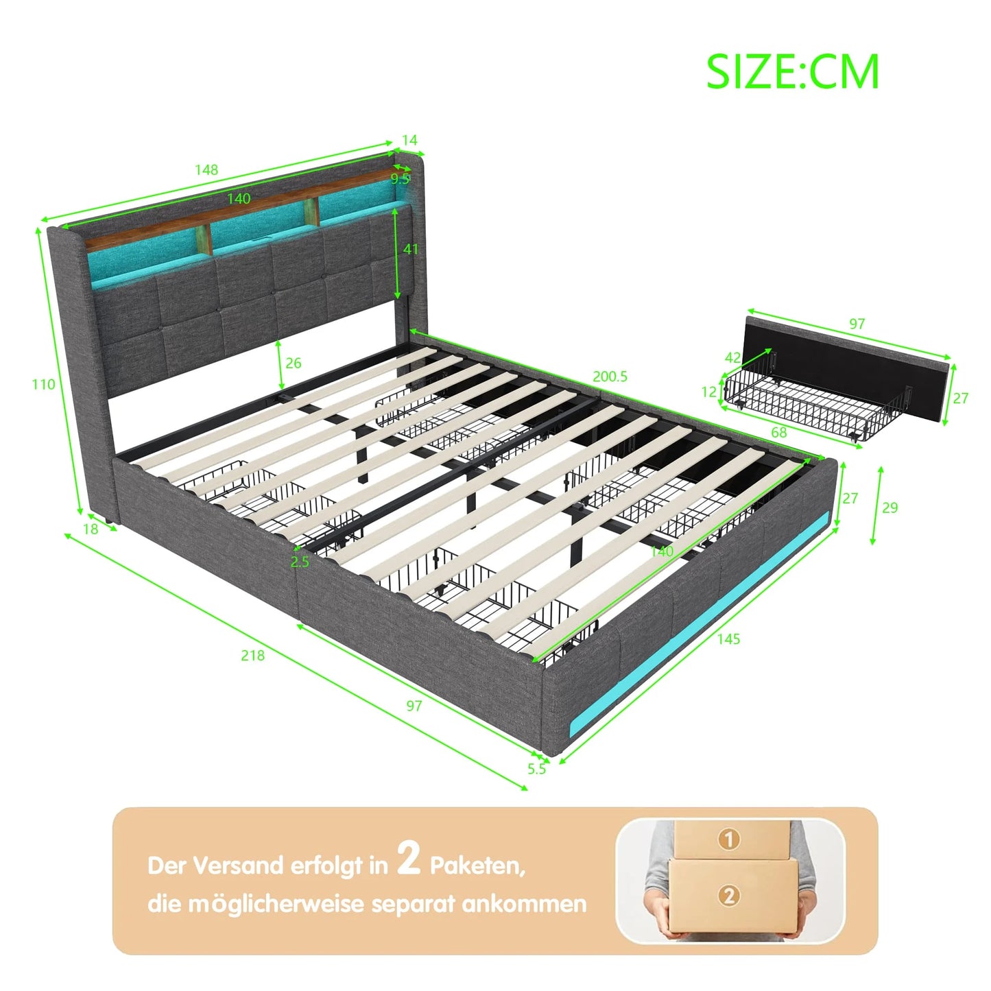 Bett mit Schubladen, 140/160 x 200 cm, Stauraumbett mit USB-Ladefunktion und LED-Kopfteil, Doppelbett mit Stauraum und 4 Schubladen. Jugendbett, funktionales Bett, Kopfteil, Lattenrost aus Holz, grau.