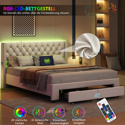 WoodenAura Polsterbett, beiger Samt, Kopfende mit 2 Schubladen, genietetes Kopfteil, Kommode, Stauraumbett mit LED-Beleuchtung