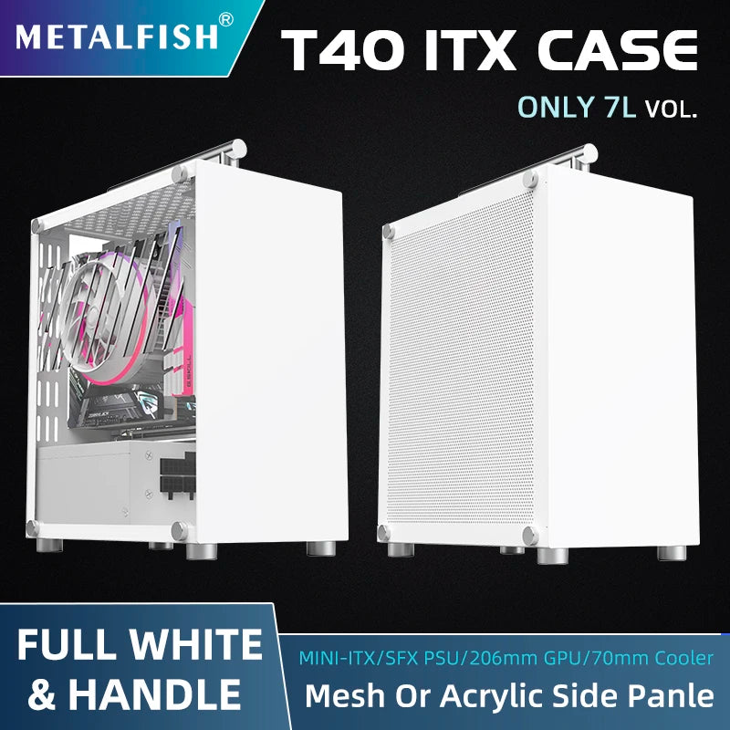 METALFISH T40 Mini ITX Black Case 7L Gaming Computer Chassis Compact transparent PC Support SFX PSU/70mm Cooler/206mm GPU.