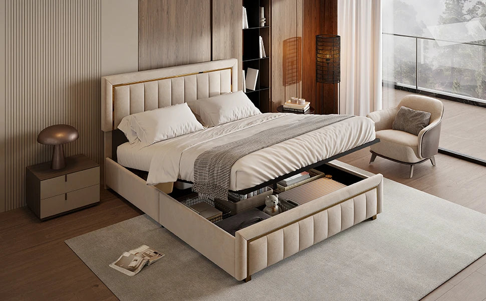 Rosahqnda Doppeltes gepolstertes hydraulisches Bett, 140-160 * 200 cm, großer Stauraum, Gästebett, Samt, schwarz, beige