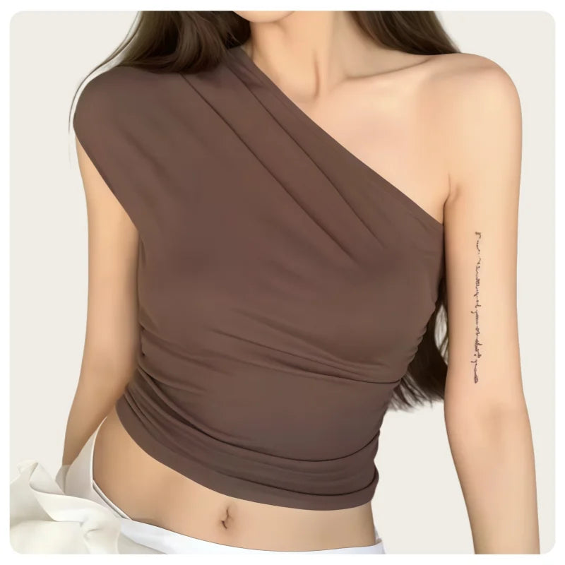 Korean Style Women's Black and Brown Asymmetrical Pleated Sleeveless Slim-Fit One-Shoulder Crop Top.