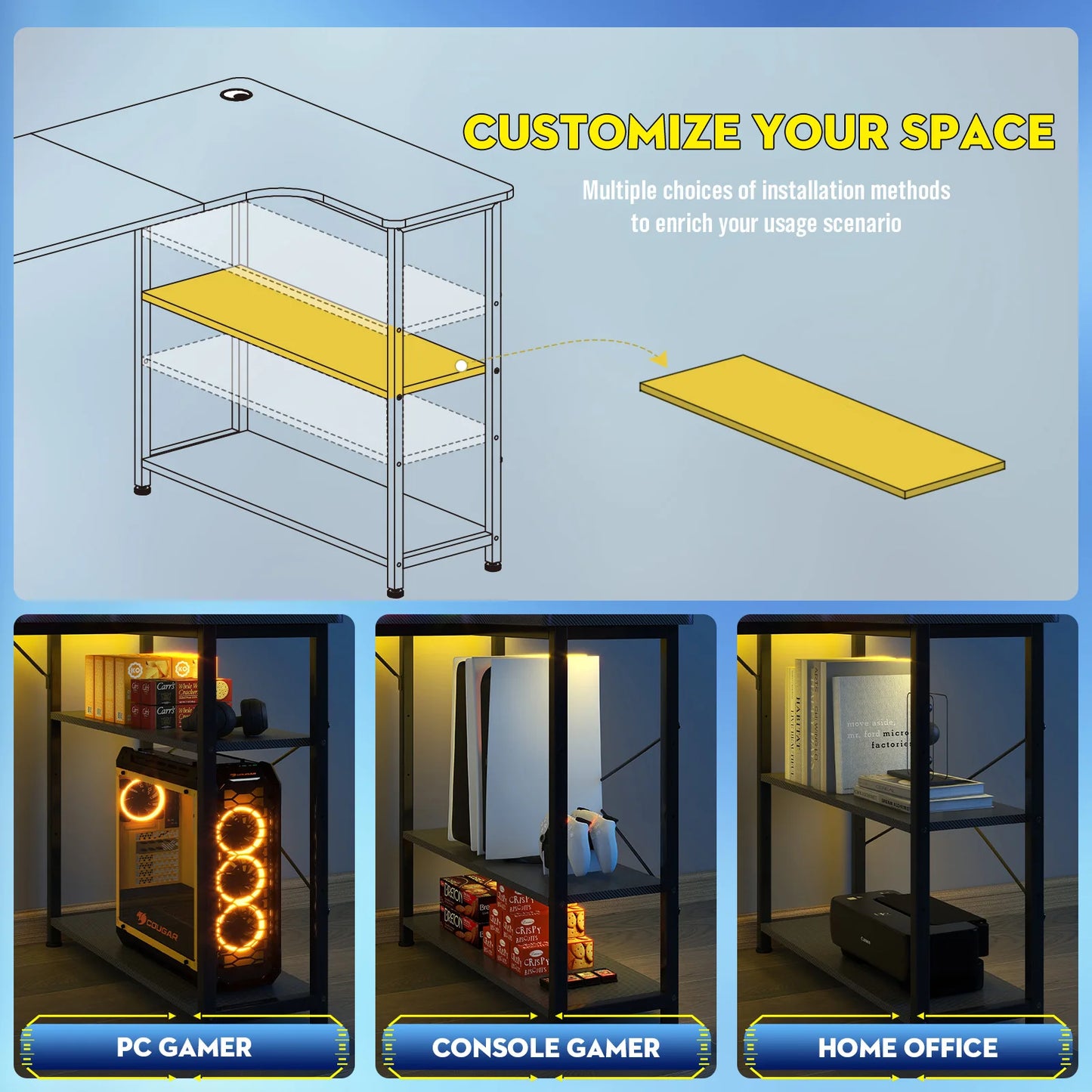 COMHOMA Schreibtisch Gaming Tisch mit Regal, Eckschreibtisch 100cm Computertisch L Form, PC Tisch für Büro, Heimbüro