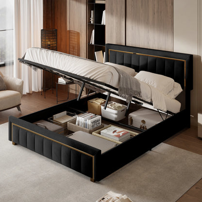 Rosahqnda Upholstered Bed 160x200cm,Hydraulic Storage Function,Light Luxury Style Double Bed,Suitable for Bedroom,Adults,Black