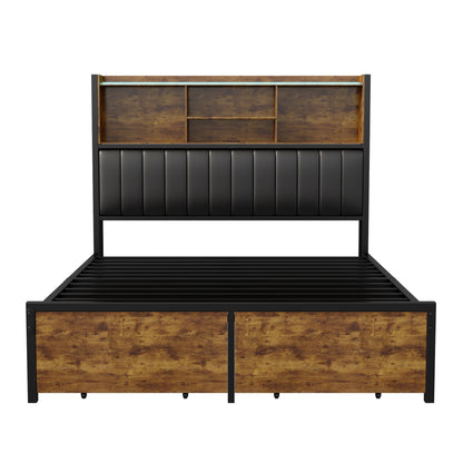 WoodenAura Doppelbettgestell aus Holz und Metall, Retro-Bett mit LED-PU-Kopfteil und 2 Schubladen, modernes Bett mit Stauraum