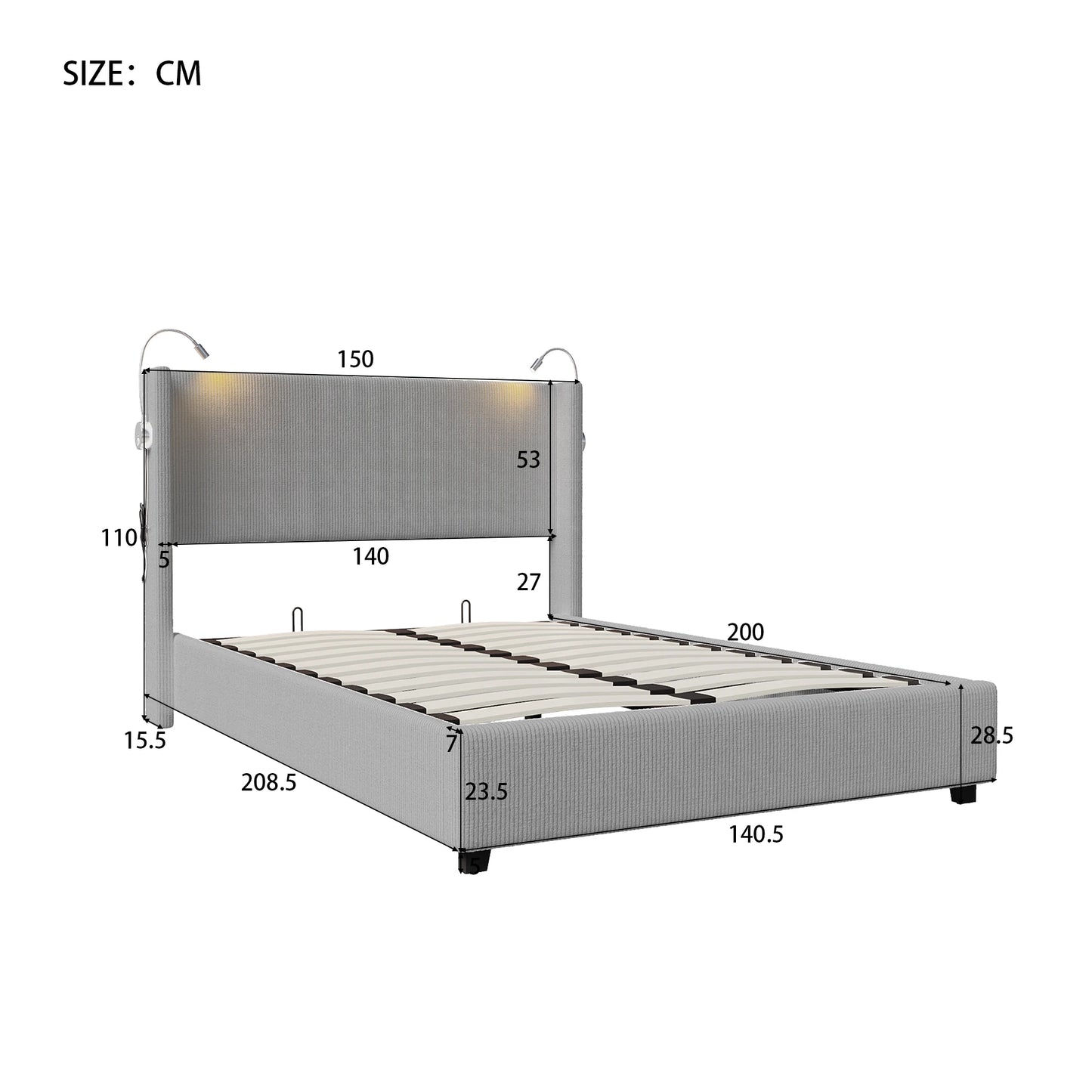 140 x 200 cm großes Cord-Doppelbett mit Stauraum, Bettkopf mit Leselicht, zwei USB-Ladeanschlüssen, ohne Matratze