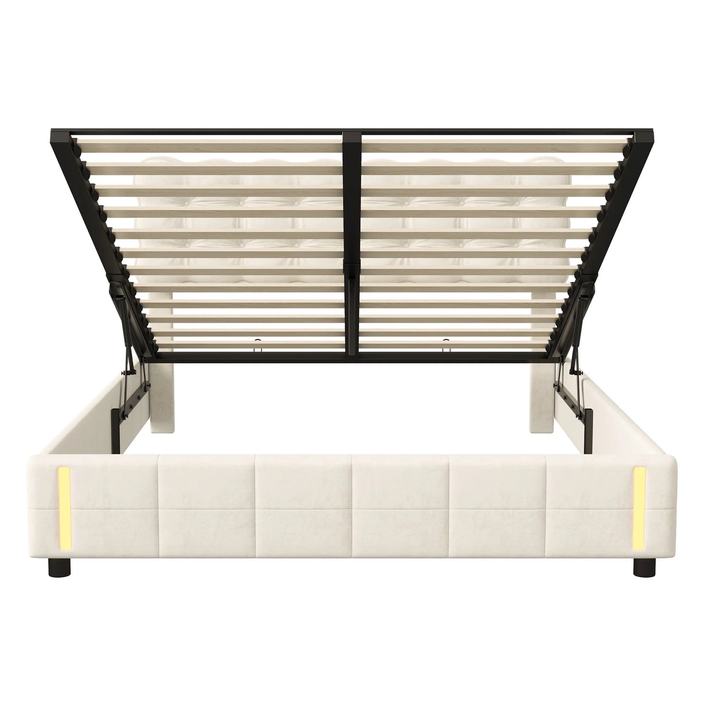 Doppelbett 140x200 cm mit LED-Beleuchtung und Stauraum, Luftdruckbett, Lattenrost, Samt, beige, ohne Matratze