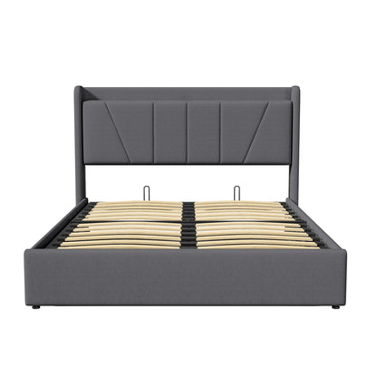 UrbanLuxe 160 x 200 cm Bett mit Stauraum, 2 USB-Anschlüsse + 1 Typ-C-Anschluss, Lattenrost, Leinen, grau, ohne Matratze