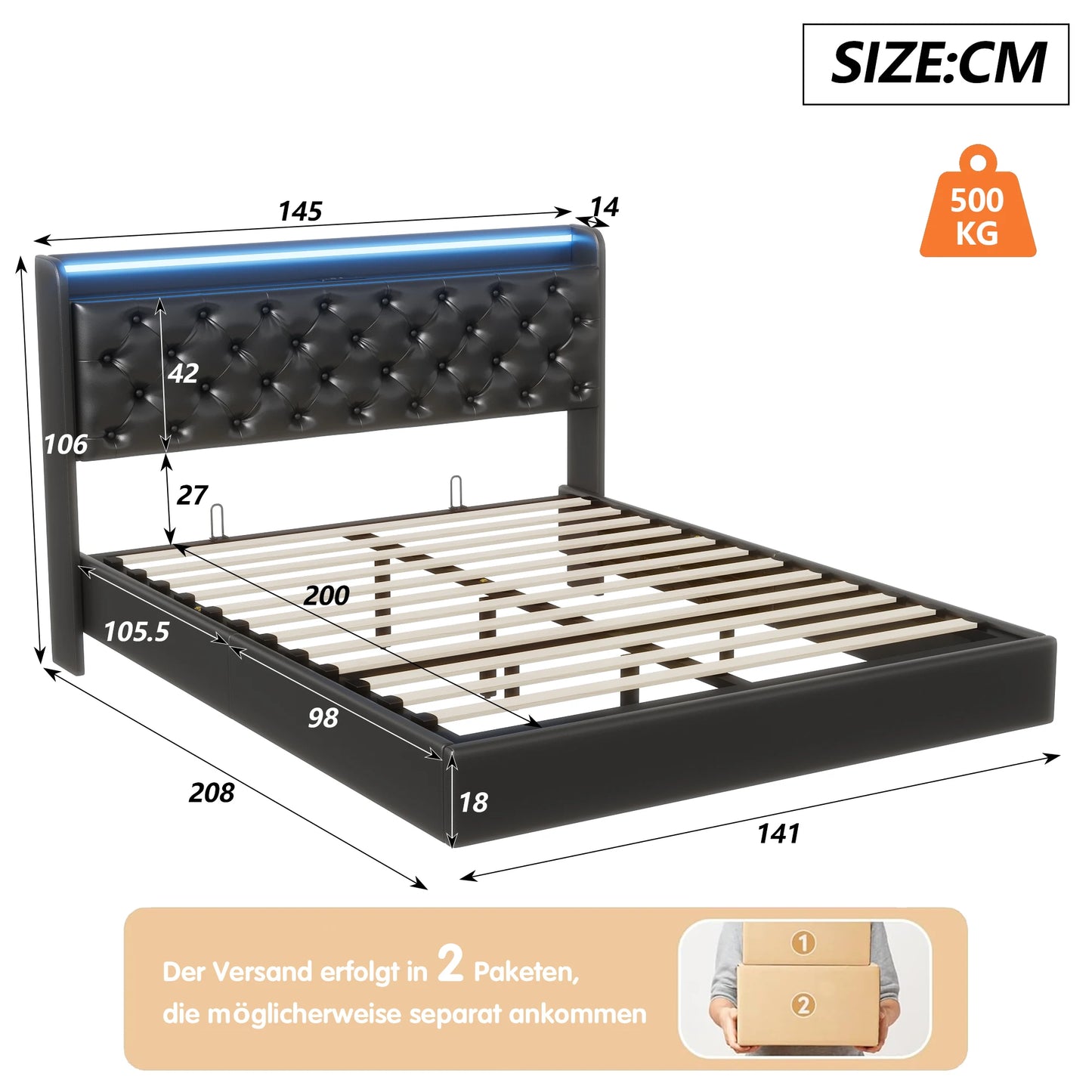 Polsterdoppelbett 140 x 200 cm mit Kopfteil, Bett mit Lattenrost aus Metallrahmen, PU Betten mit großem Stauraum, hydraulischer