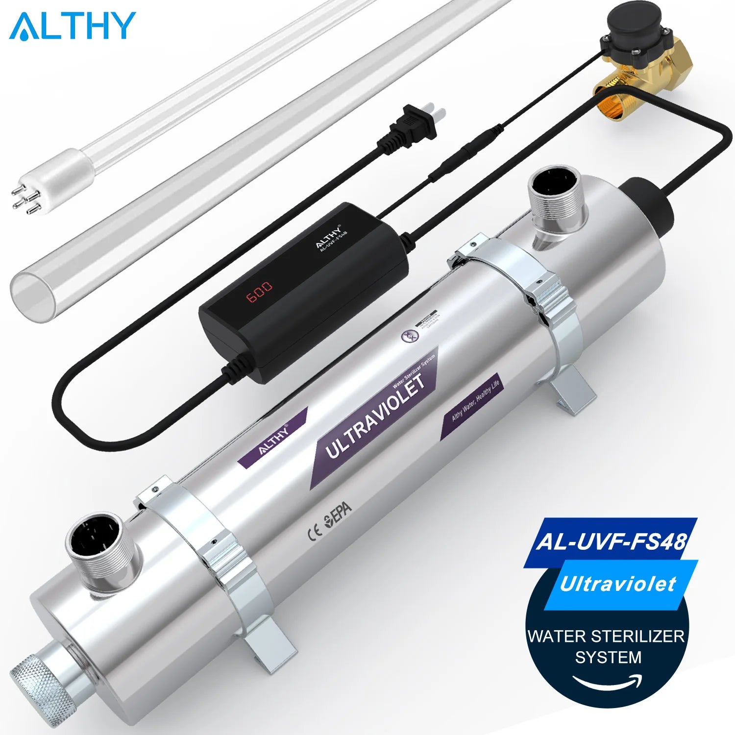 ALTHY Whole House UV Ultraviolet Water Sterilizer System Filter Purifier + Smart Flow Control Switch Stainless Steel 12GPM.