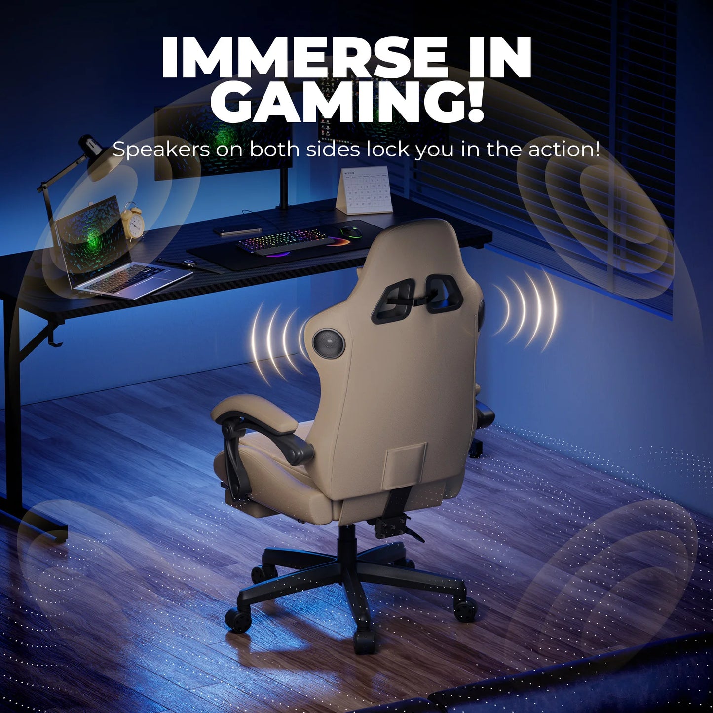 GTPLAYER Gaming Stuhl, Ergonomischer Gaming Sessel Schreibtischstuhl PC mit Fußstütze Lautsprecher Musik Bürostuhl bis 150kg