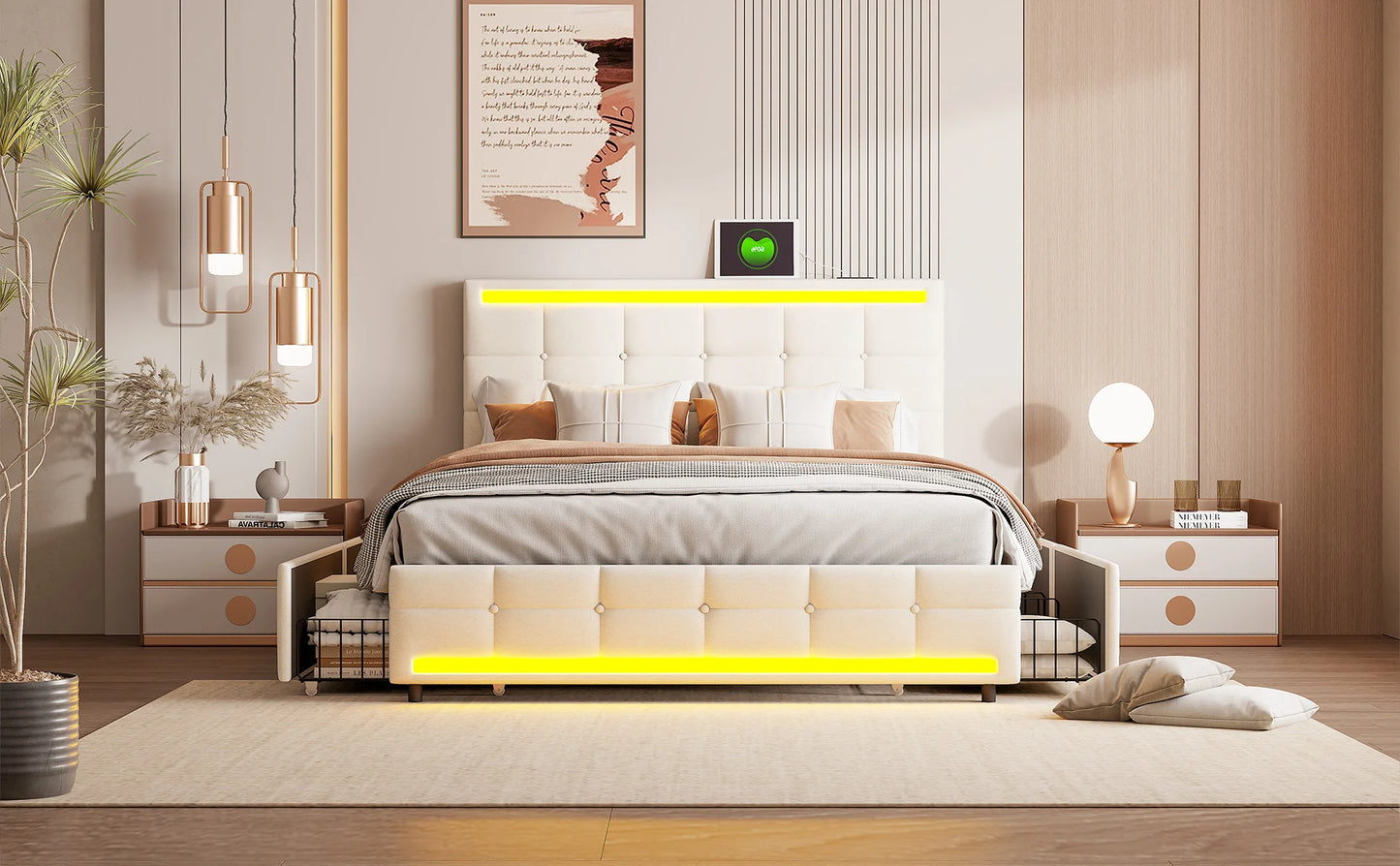 Rosahqnda Polsterbett mit 4 Schubladen und 2 USB-Anschlüssen, Bettrahmen mit LED-Leuchten, Kopfteil, Fußteil und Stauraum