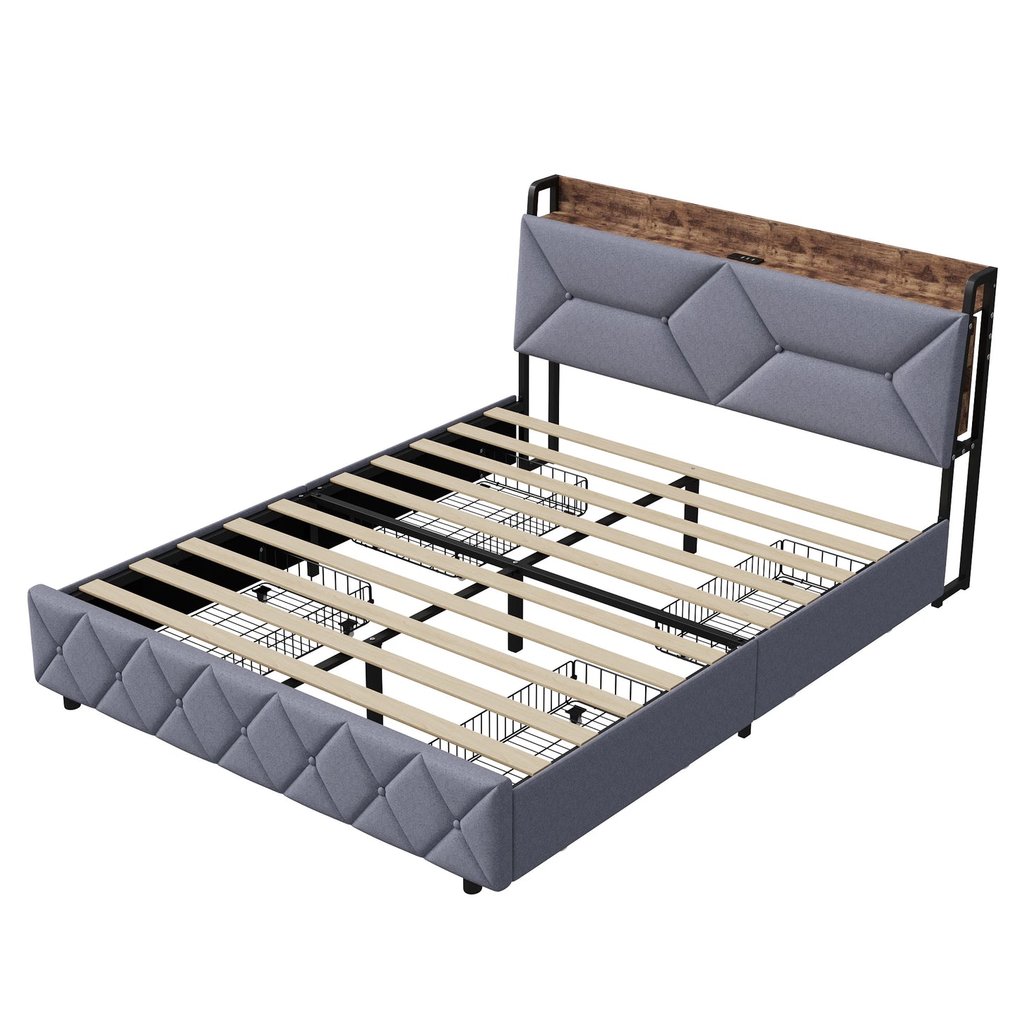 Bett 160 x 200 mit USB, Doppelbett mit 4 Schubladen, Kopfteil mit ausziehbarem Stauraum, Erwachsenenbett mit Lattenrost aus Holz