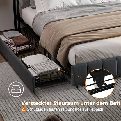 WoodenAura Polsterbett 140x200cm, Doppelbett mit 4 Schubladen, LED Kopfteil mit USB Ladefunktion, Rückenlehne Bett mit Stauraum