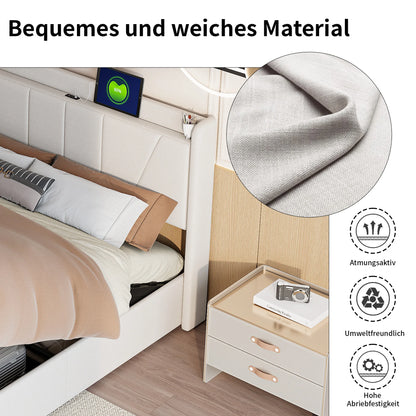 Rosahqnda Doppelbettrahmen 140-160*200 cm USB-Hydraulikbett gepolstertes Gästebett Jugendwohnung Bett Hauptschlafzimmer,Leinen