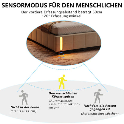 Doppelbett 140x200 cm mit LED-Beleuchtung und Stauraum, Luftdruckbett, Lattenrost, Samt, beige, ohne Matratze