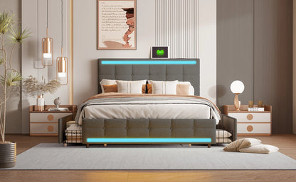 Rosahqnda Polsterbett mit 4 Schubladen und 2 USB-Anschlüssen, Bettrahmen mit LED-Leuchten, Kopfteil, Fußteil und Stauraum