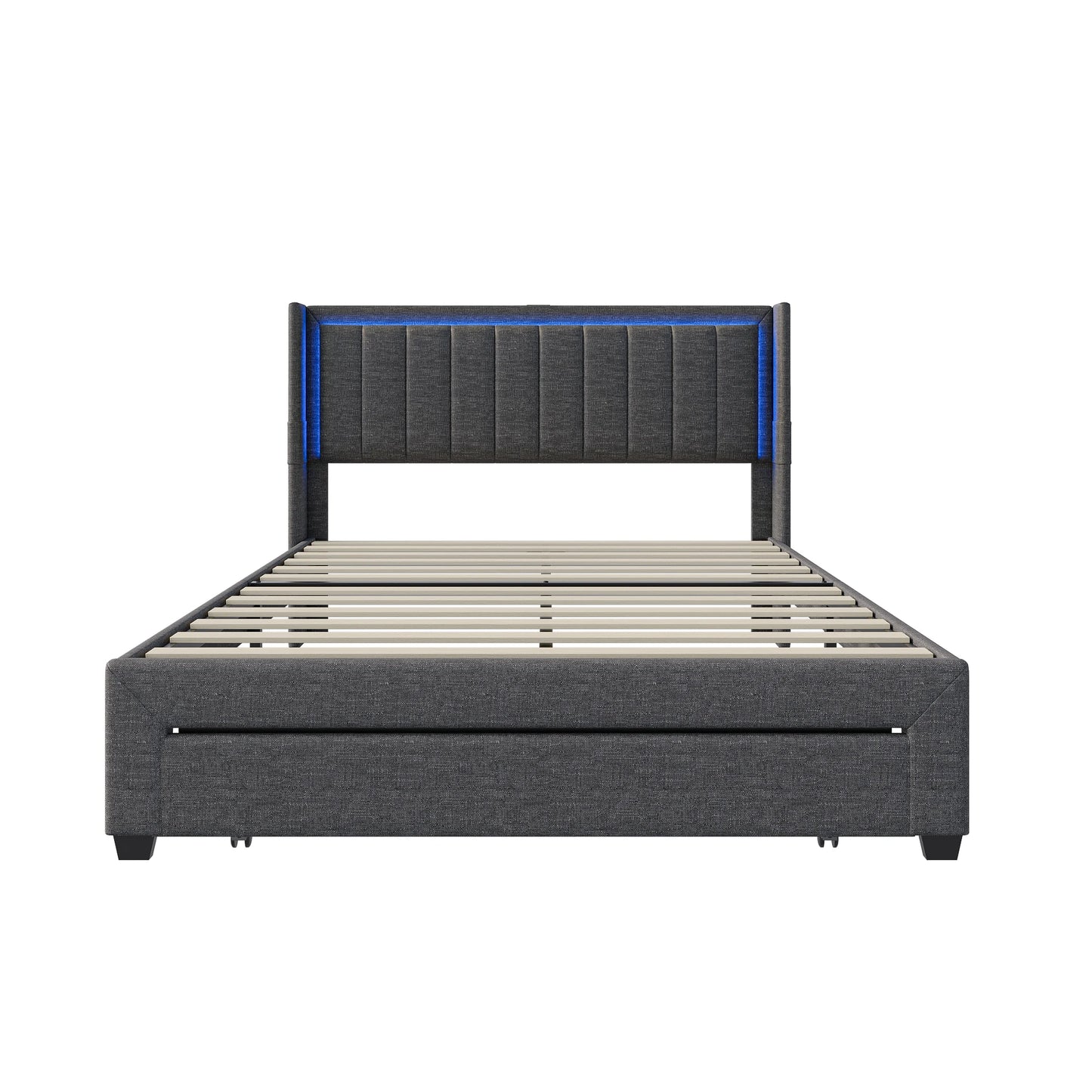 Rosahqnda Gepolsterter Bettrahmen mit LED, USB, Schubladen, Leinen Plattformbett 140-160-180×200cm,Jugendwohnungsbett,Gästebett