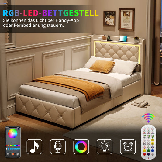 Rosahqnda Polster-Einzelbett 90 x 200 cm mit LED, Jugendbett mit USB/Typ-C, Bettkasten, Holzrahmen, Flanell (ohne Matratze)