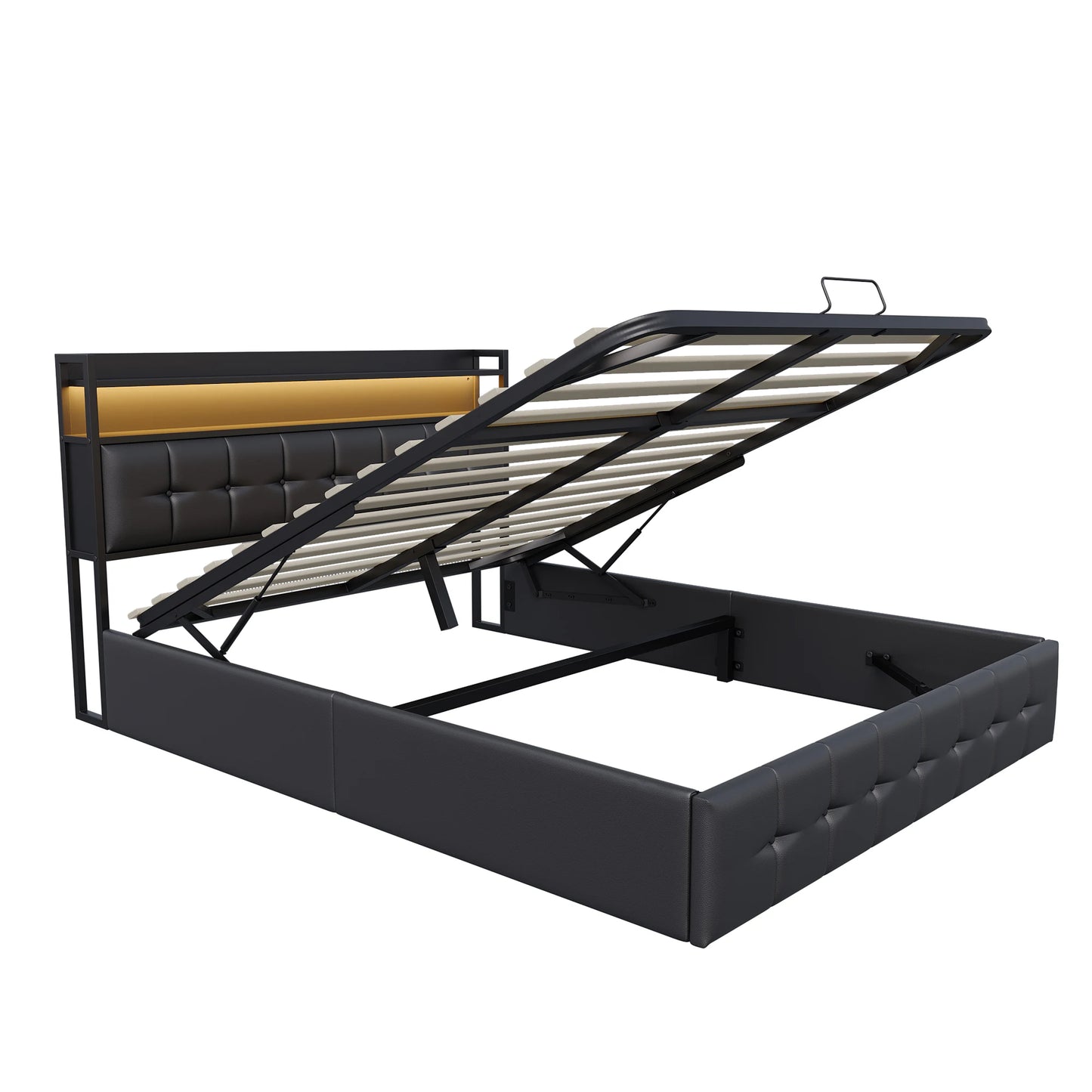 Rosahqnda Polsterbett 140x200 cm mit Lichtleiste, Stauraumbett mit Kopfteil, Doppelbett mit Lattenrost für 2 Personen,PU,Schwarz