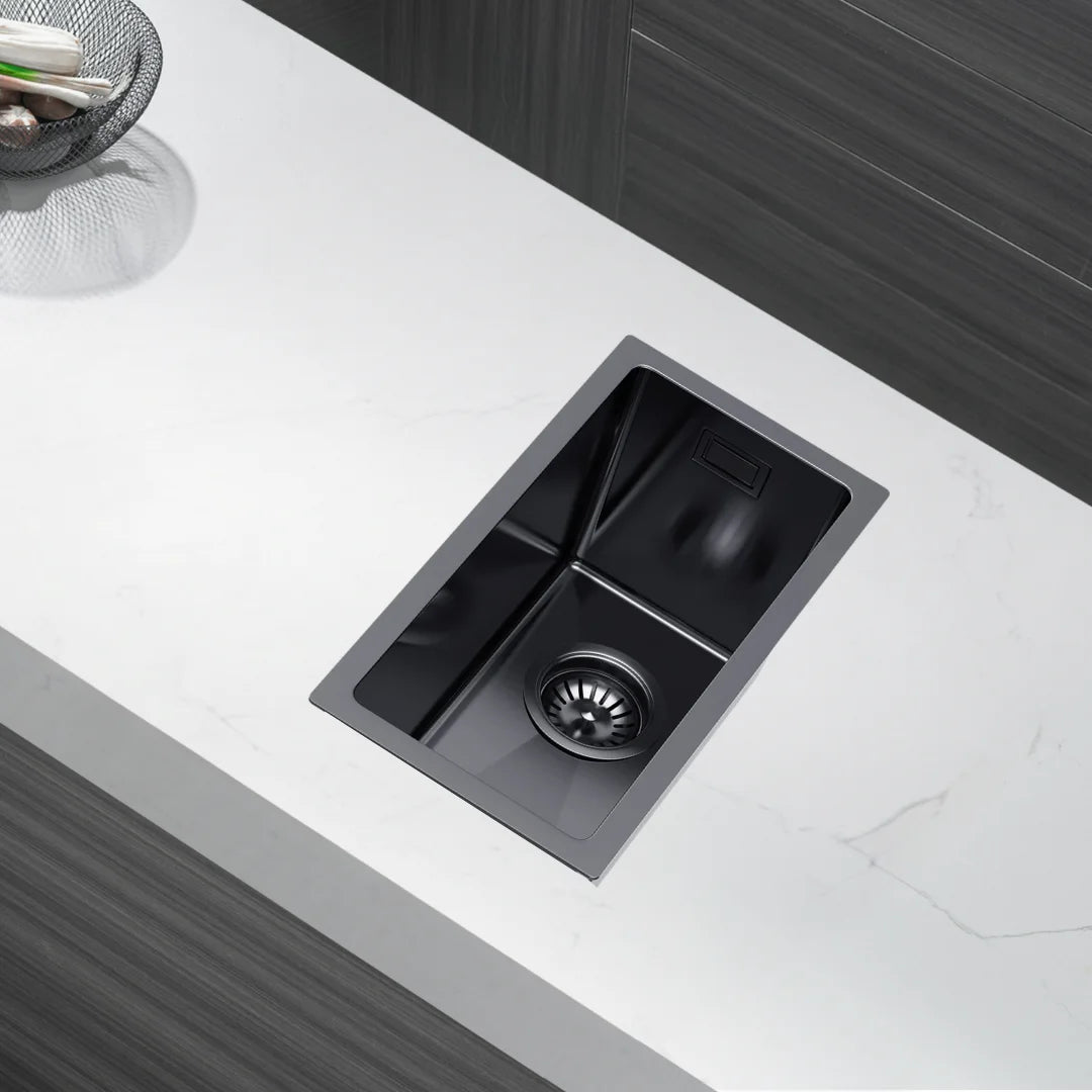 22 x 44 cm große Graphit-Edelstahl-Küchenspüle – kein Wasserhahnloch, PVD-beschichtet, oben/unter/unten/untersetzbar, mit Überlauf- und Abflussset