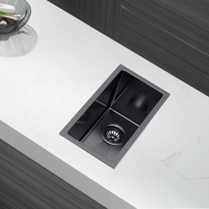 22 x 44 cm große Graphit-Edelstahl-Küchenspüle – kein Wasserhahnloch, PVD-beschichtet, oben/unter/unten/untersetzbar, mit Überlauf- und Abflussset