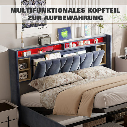 Rosahqnda Doppelbett， mit USB und LED, Polsterbett mit Stauraum und Kopfteil, Bettrahmen mit Holzlattenrost, Samt，grau