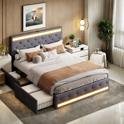 Gepolstert 140 x 200 cm, Doppelbett mit LED-Beleuchtung & USB-Ladestation , Schubladenbett mit 4 Schubladen und Lattenrost