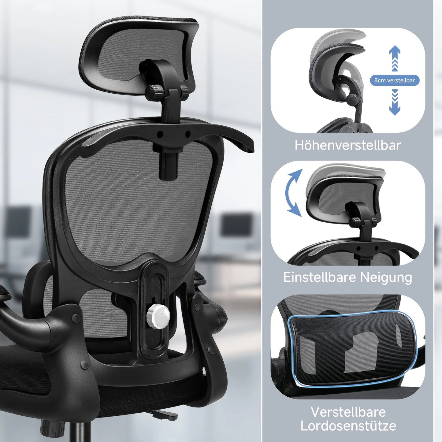 COMHOMA Bürostuhl Ergonomisch, Schreibtischstuhl mit 3D Kopfstütze und Lendenwirbelstütze, Integriertes Kleiderhaken-Design