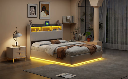 Rosahqnda hydraulisches Doppelbettgestell 140–160 x 200 cm mit LED, USB und großem Stauraum, gepolstertes Gästebett, Teenager-Wohnbett, Samt