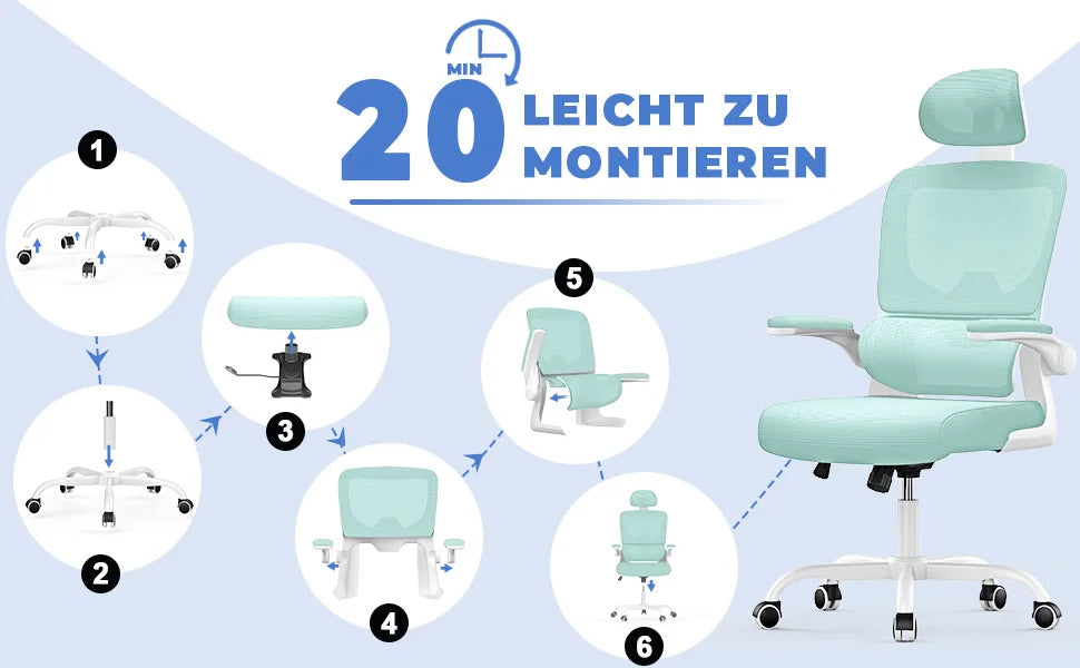 Ergonomic Office Chair, Desk Chair with Folding Armrests, Height-Adjustable, Breathable Backrest, Swivel Chair 360°