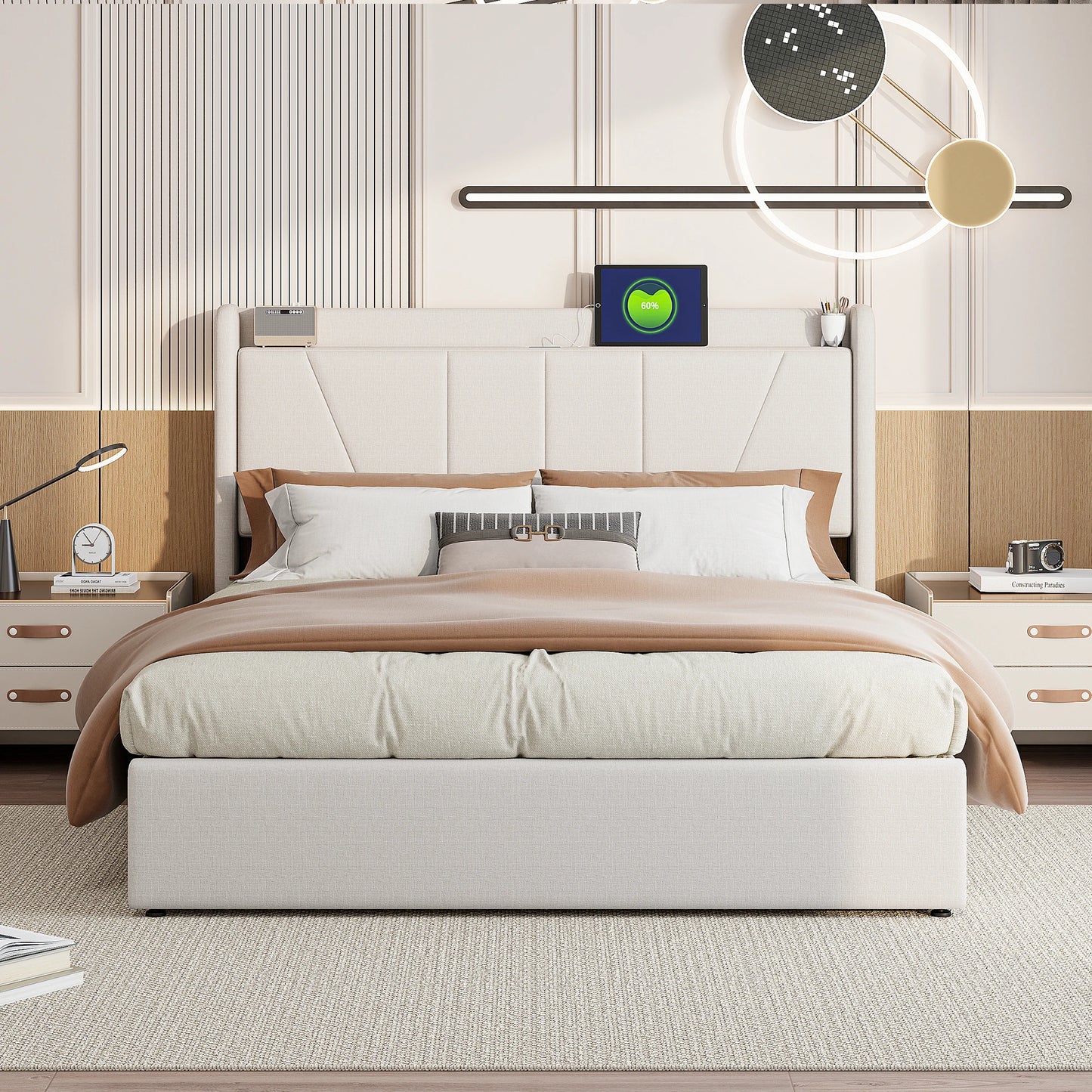 Double Bed,Storage Back and USB Rechargeable,Large Storage Bed,Suitable for Adults or Teenagers,Beige/Grey,Linen