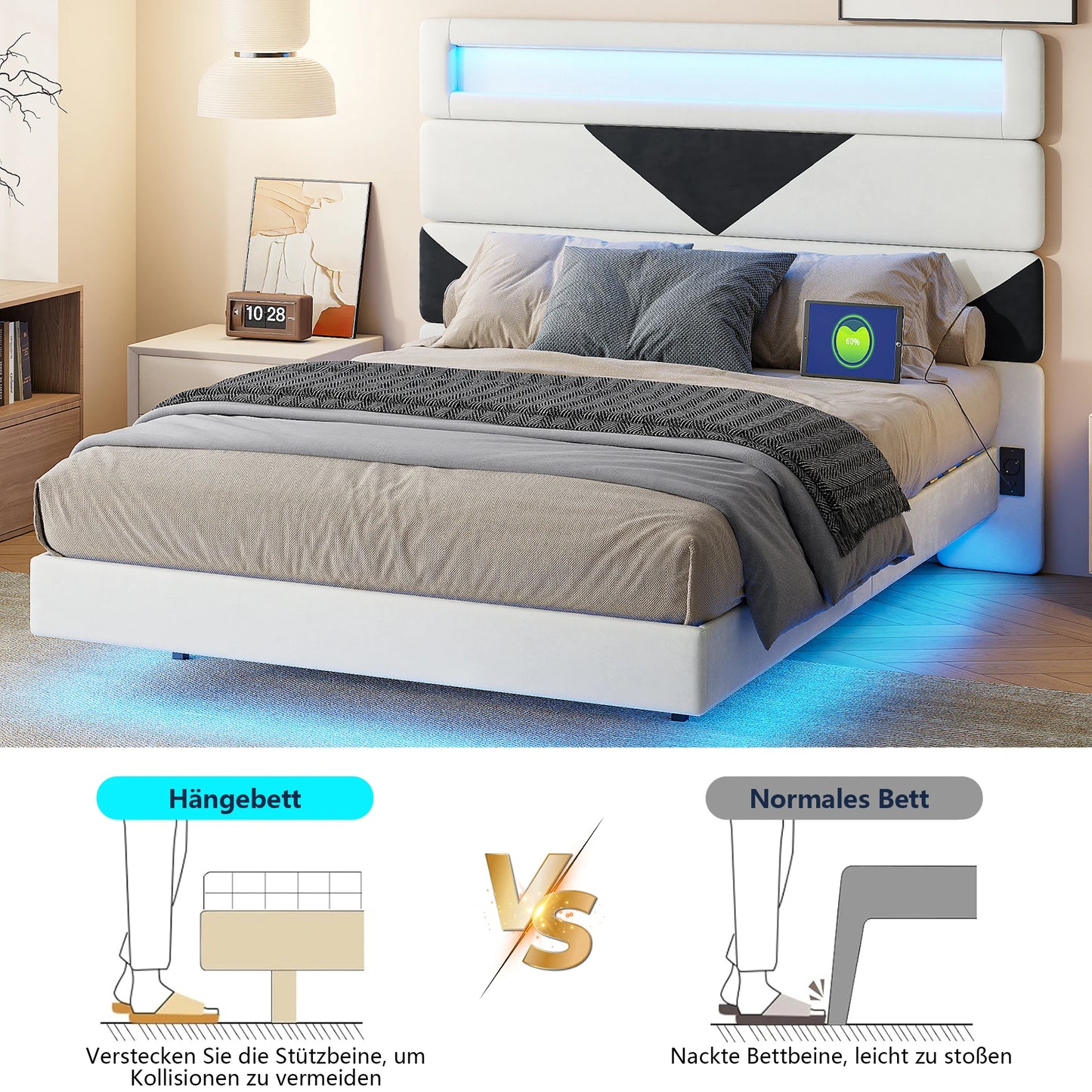 WoodenAura Polsterbett 160x200cm mit LED-Beleuchtung, Bettrahmen mit Lattenrost, verstellbares Kopfteil, Jugendbett