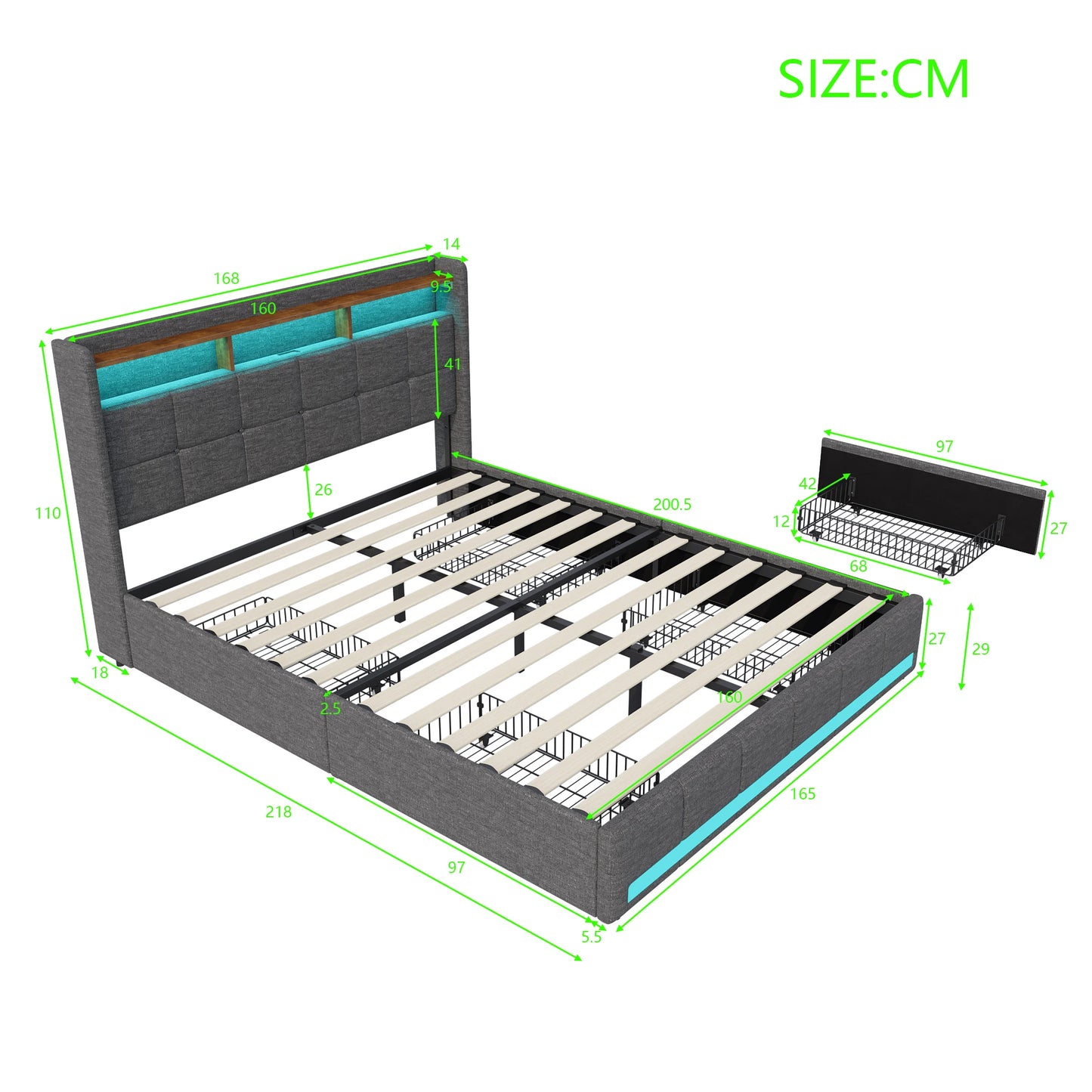 Comanlai 160 x 200 cm, gepolstertes Bett, mit 4 Schubladen und Lattenrost, mit LED- und USB-Ladefunktion, keine Matratze, Leinen, Grau