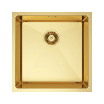 Flovia Gold PVD-Edelstahlspüle 44 x 44 cm – Einzelschüssel oben/Untermontage – mit Abflusssatz und Zubehör