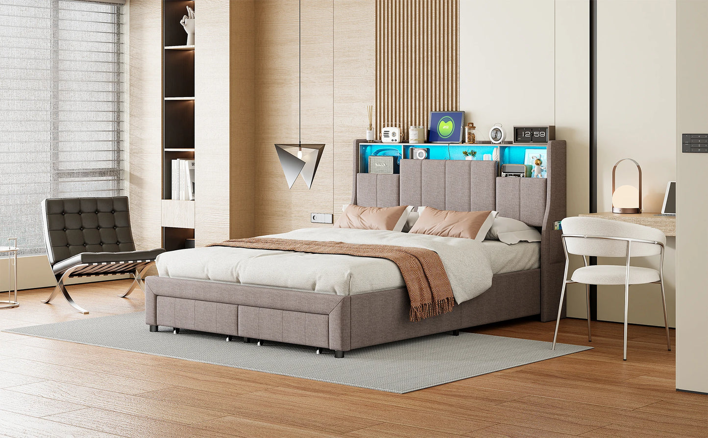 Rosahqnda LED-Polsterbett für Doppelbett mit 2 Schubladen, Kopfteil mit Stauraum und USB, Jugendbett mit Stauraum, Leinen