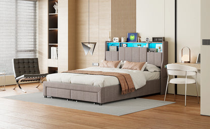 Rosahqnda LED-Polsterbett für Doppelbett mit 2 Schubladen, Kopfteil mit Stauraum und USB, Jugendbett mit Stauraum, Leinen