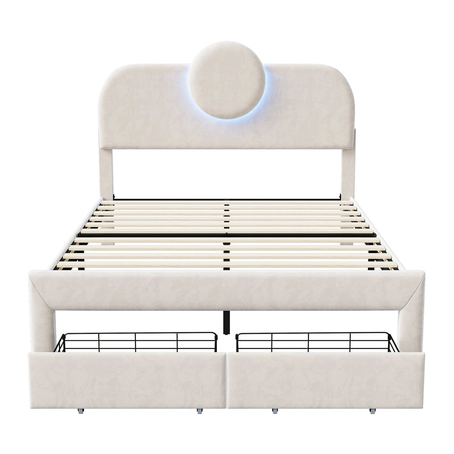 Rosahqnda Doppelbettgestell 140 x 200 cm mit LED und 2 Schubladen, gepolstertes Einzelbett, Stauraumbett, Teenagerbett, Gästebett, Samtbeige