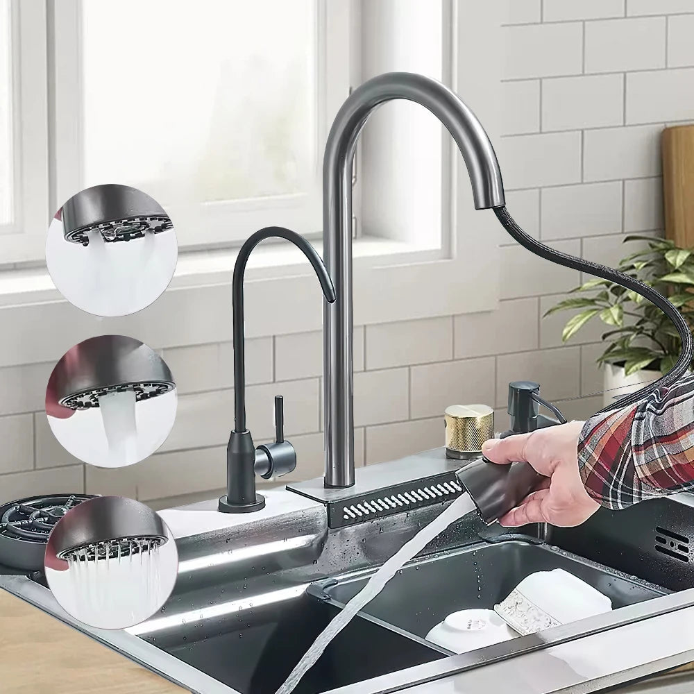 Wasserfall-Küchenspüle aus Edelstahl 304, großes Einzelschlitz-Wasserhahn-Set mit integrierter Digitalanzeige, Seifenspender, Tassenwascher